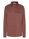 Brunello Cucinelli Long Sleeve Collared Top With Chest Pocket In Brown