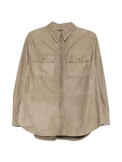 Brunello Cucinelli Leather Shirt With Pocket In Brown