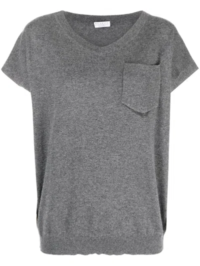 Brunello Cucinelli Pocket-detail V-neck Sweater In Gray