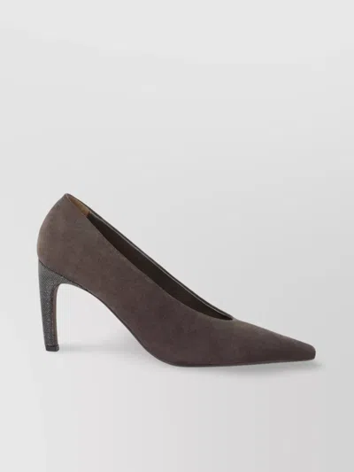 Brunello Cucinelli Pointed Toe Suede Finish Textured Heel Pumps In Brown