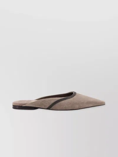 Brunello Cucinelli Pointed Toe Suede Mule With Monili Detail