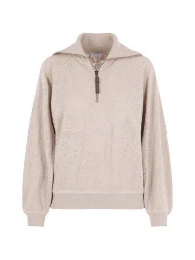 Brunello Cucinelli Pointelle-knit Half-zip Sweatshirt In Neutral