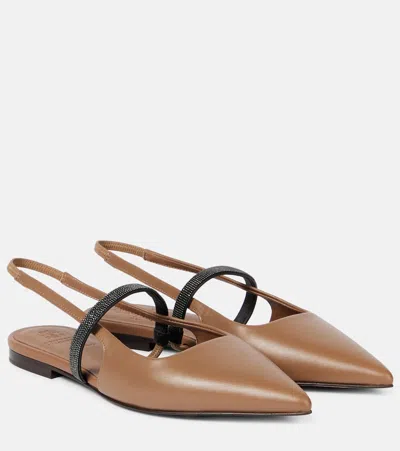 Brunello Cucinelli Pointy Leather Slingback Flats In Brown