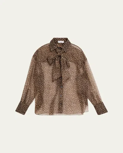 Brunello Cucinelli Pois-lier Print Long-sleeve Silk Blouse In Brown