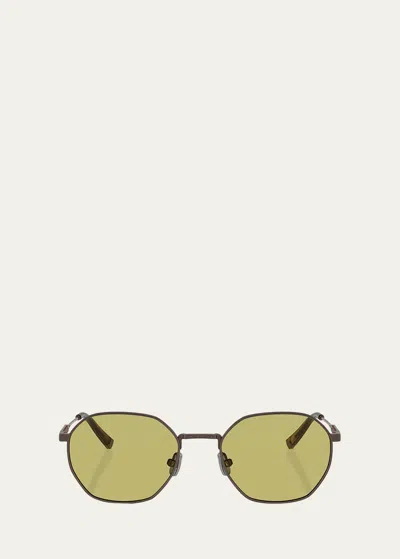 Brunello Cucinelli Polarized Titanium Geometric Round Sunglasses In Brown