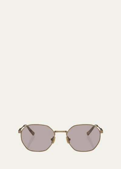Brunello Cucinelli Polarized Titanium Geometric Round Sunglasses In Satin Gold
