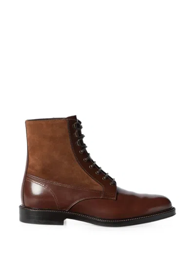 Brunello Cucinelli Polished Calfskin And Suede Boots In Brown