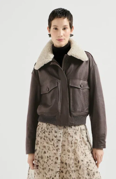 Brunello Cucinelli Polished Nappa Leather Aviator Jacket With Detachable Shearling Collar And Monili In Brown