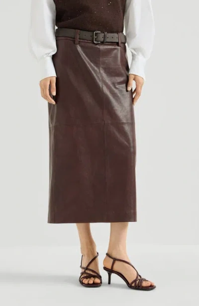 Brunello Cucinelli Polished Nappa Leather Pencil Skirt In Burgundy