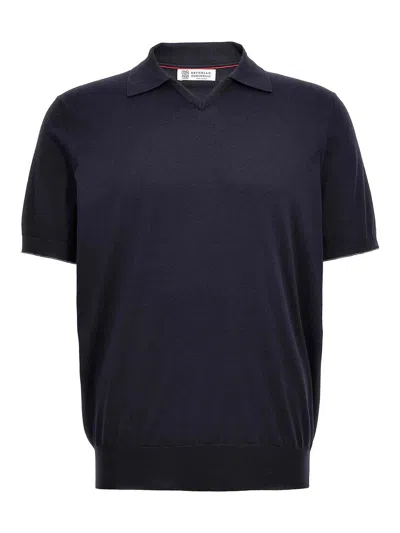 Brunello Cucinelli Knitted Polo Shirt In Blue