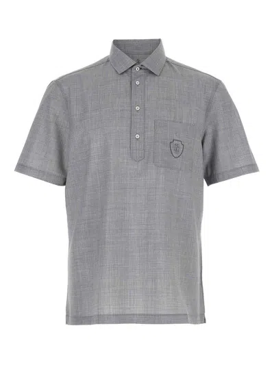 Brunello Cucinelli Virgin Wool Poplin Polo Shirt In Gray