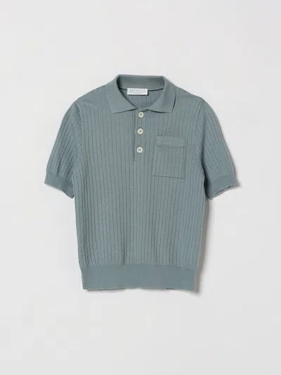 Brunello Cucinelli Kid's Knit Polo Shirt With French Collar And Pocket In Gray