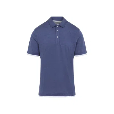 Brunello Cucinelli Cotton Silk Polo Shirt For Men In Blue