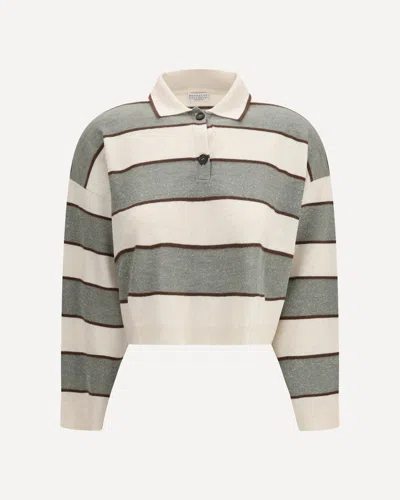 Brunello Cucinelli Polo Crop In Sparkling Stripes Knit In Gray