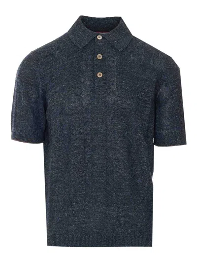 Brunello Cucinelli Knitted Linen Polo In Blue