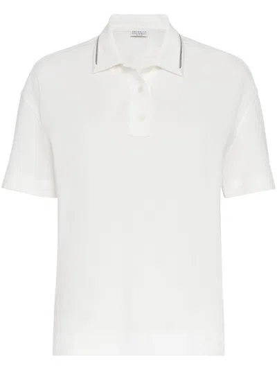 Brunello Cucinelli Polo In Piquet Con Monile Polo Shirts White