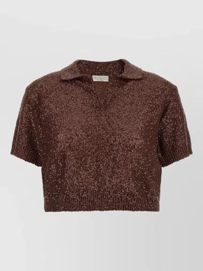 Brunello Cucinelli Polo Knit Shirt Collar Ribbed Hem In Brown