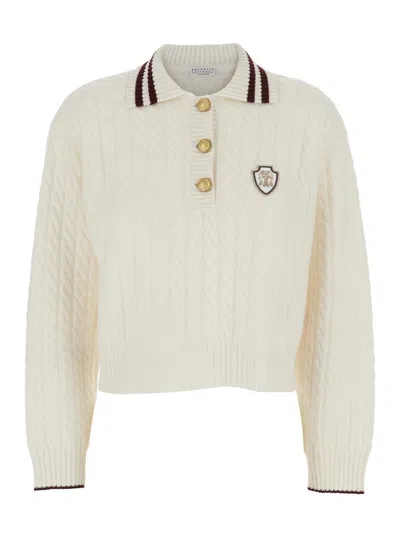 BRUNELLO CUCINELLI WHITE POLO SHIRT WITH CLASSIC COLLAR AND PATCH LOGO ON THE FRONT IN CASHMERE WOMAN