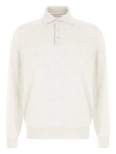 Brunello Cucinelli Cotton Rib Knit Polo Shirt With Long Raglan Sleeve In Neutral