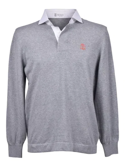 Brunello Cucinelli Polo-neck Cotton Sweater In Gray