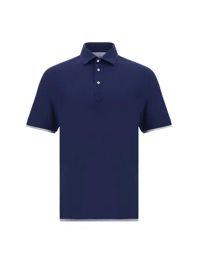 Brunello Cucinelli Polo Shirt In Blu Prussia+grigio Chiaro