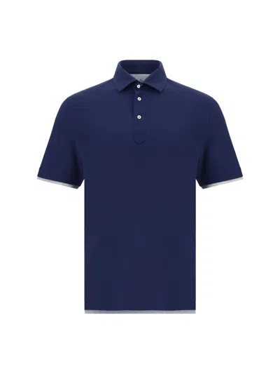 Brunello Cucinelli Double-layer Cotton Polo Shirt In Blu Prussia+grigio Chiaro