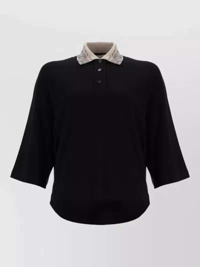 Brunello Cucinelli Polo Shirt Embellished Collar Three Quarter Sleeves In Black