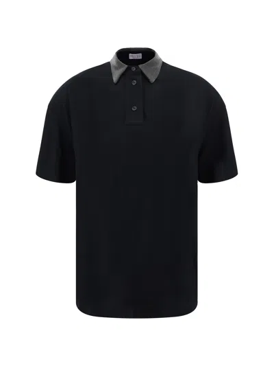 Brunello Cucinelli Cotton Polo Shirt With Jewelled Collar In Black