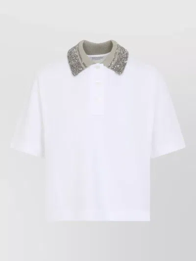 Brunello Cucinelli Polo Shirt Short Sleeves Embellished Collar In White