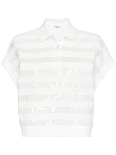 Brunello Cucinelli Women's Cotton Polo T-shirt With Dazzling Stripes In White