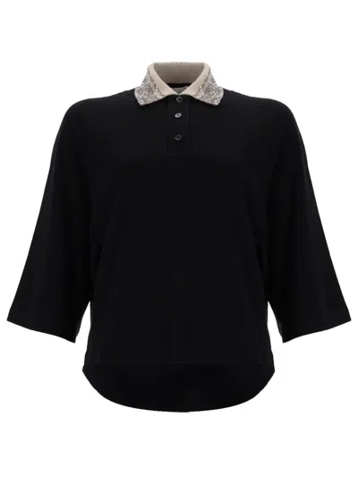 Brunello Cucinelli Polo Shirt With Dazzling Collar In Black