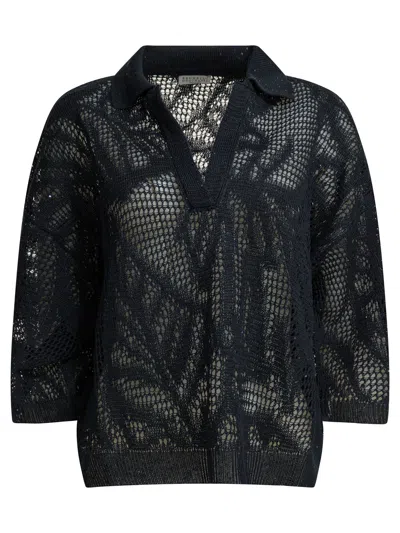 Brunello Cucinelli Blue Linen Cotton Polo Shirt In Black