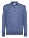 Brunello Cucinelli Long Sleeve Polo Sweater With Ribbed Cuffs And Hem In Blue