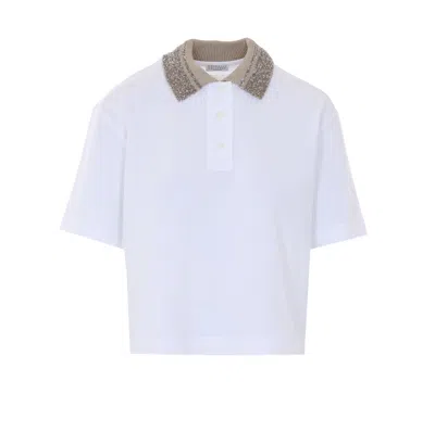 Brunello Cucinelli Women Cotton Jersey Polo Shirt With Dazzling Knit Collar In White