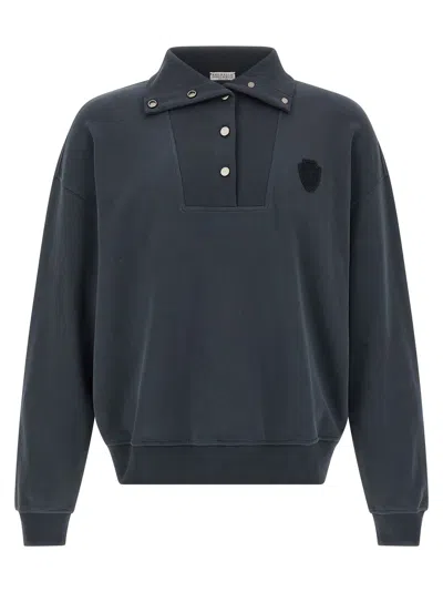 Brunello Cucinelli Polo-collar Cotton Sweatshirt In Blue