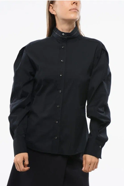 Brunello Cucinelli Popelin Cotton Mandarin Shirt With Rhinestone In Black