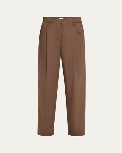 Brunello Cucinelli Poplin Baggy Straight-leg Crop Pull-on Pants In Chocolate Brown