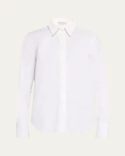 BRUNELLO CUCINELLI POPLIN BUTTON-FRONT SHIRT WITH MONILI COLLAR