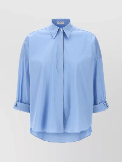 Brunello Cucinelli Poplin Shirt Rolled Cuffs In Blue