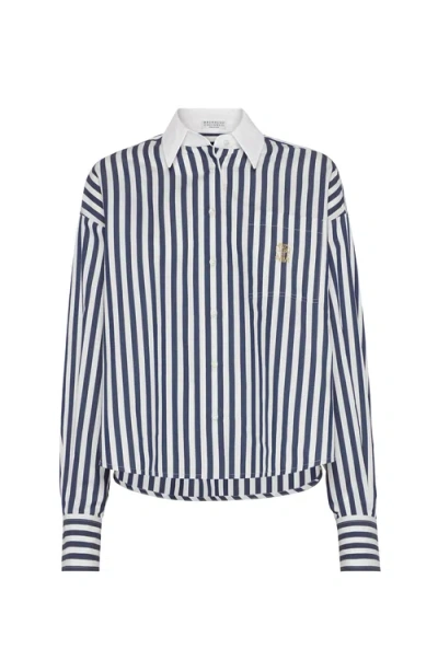 Brunello Cucinelli Poplin Shirt With Logo In Blue