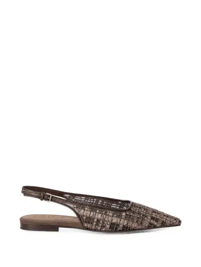 Brunello Cucinelli Precious Check Embroidery Slingback Flats In Suede In Brown