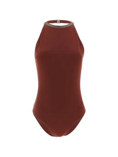 Brunello Cucinelli Precious Collar Halter Swimsuit Back Cutout In Burgundy