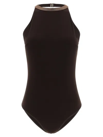 Brunello Cucinelli Lignite Grey Techno Jersey One-piece Swimsuit With Precious Collar In Brown