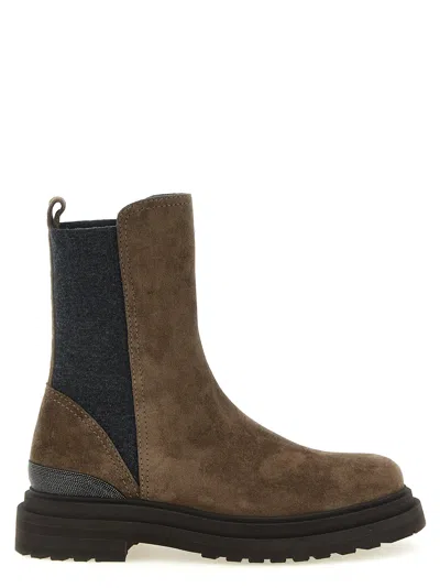 Brunello Cucinelli Monili-embellished Suede Ankle Boots In Green