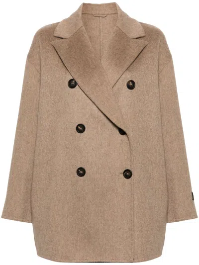 Brunello Cucinelli Short Cashmere Double Breasted Coat In Beige