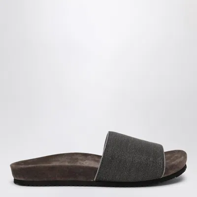 BRUNELLO CUCINELLI PRECIOUS TAUPE SLIDES IN SUEDE