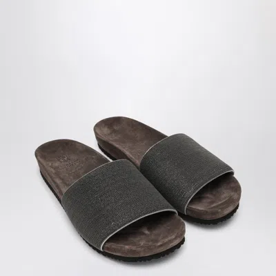 Brunello Cucinelli Precious Taupe Slides In Suede Women In Black