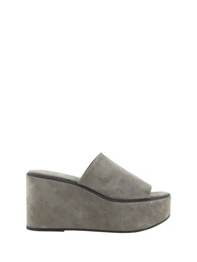 Brunello Cucinelli Suede Slide Wedge Platform Sandals In Beige