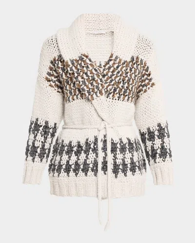 Brunello Cucinelli Prince Of Wales Cashmere Opera Knit Wrap Cardigan In Gray