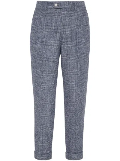 Brunello Cucinelli Prince Of Wales-check Pleated Trousers In Blue